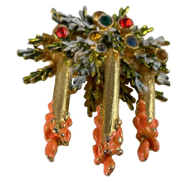 Triple Christmas Candle Brooch Lapel Pin Multicolor Rhinestones w/Greenery - Picture 5 of 12